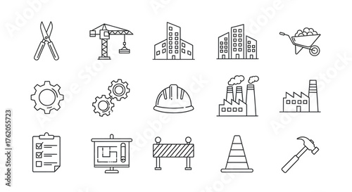 Comprehensive Vector Outline Icon Set for Construction, Industrial Development, and Engineering Projects, featuring Building Tools, Machinery, and Factory Symbols