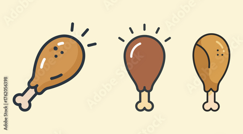Set of Cartoon Roasted Chicken Drumsticks Icon Vector Illustration. Crispy Fried Chicken Leg Food Graphic Collection.