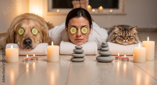 Funny home spa day with a woman, a dog, and a cat relaxing together. Owner and pets with cucumber eye masks in a candlelit room. Humorous animal pampering and self-care concept