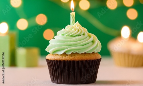 Delicious cupcake with vibrant green frosting and a lit candle, perfect for birthdays and celebrations, creating a joyful, festive atmosphere