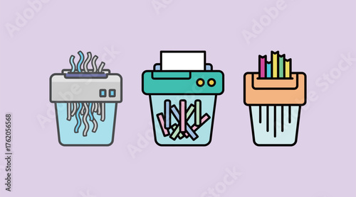 Set of Paper Shredder Office Equipment Vector Illustration. Confidential Document Disposal Icon Collection.