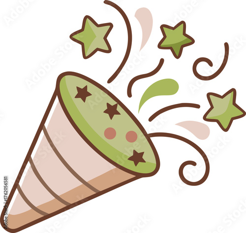 Cartoon party popper exploding with confetti and stars on a white background celebration explosion