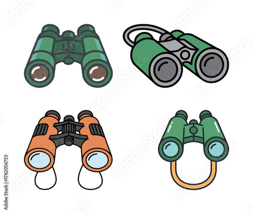 Set of Binoculars Optical Instrument Vector Illustration. Green and Orange Magnifying Device Icon Collection.