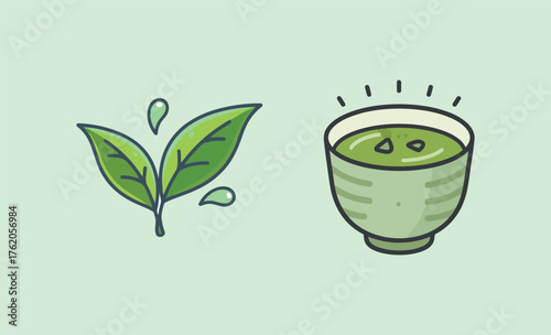 Matcha Green Tea Leaves and Hot Drink Bowl Icon Vector Illustration. Healthy Japanese Beverage Set.