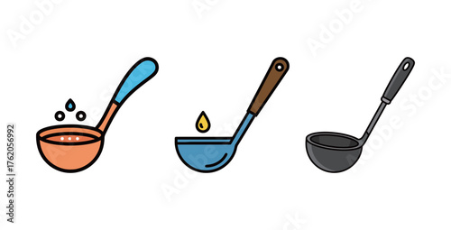 Set of Kitchen Ladle Icon Vector Illustration. Cooking and Serving Utensil Collection.