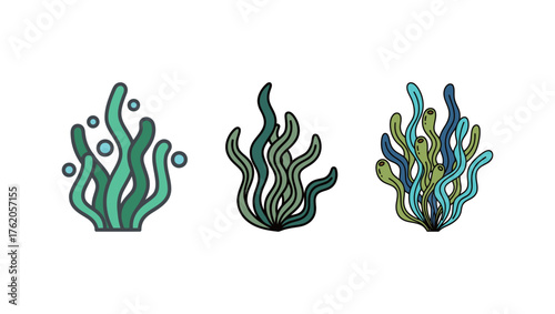 Set of Seaweed and Algae Aquatic Plant Icon Vector Illustration. Underwater Marine Flora Collection.