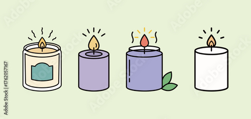 Set of Scented and Plain Candles Vector Illustration. Relaxing Aromatherapy and Home Decor Icon Collection.