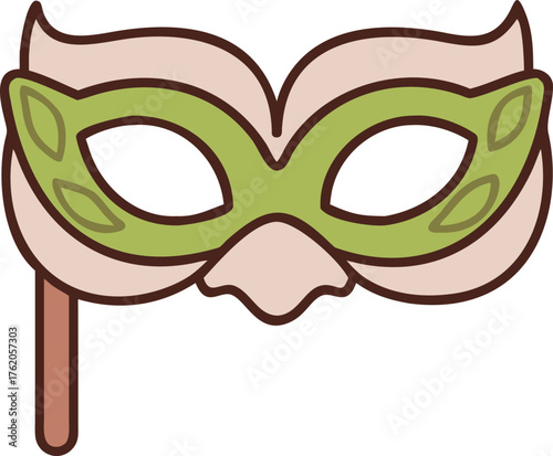 Green and beige masquerade mask with leaf details on a stick party prop