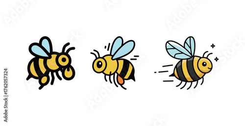 Set of Cartoon Honey Bee Insect Icon Vector Illustration. Flying Wasp and Pollen Collection.