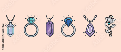 Set of Gemstone Jewelry Icons Vector Illustration. Crystal Pendants, Diamond Rings, and Flower Accessory Collection.