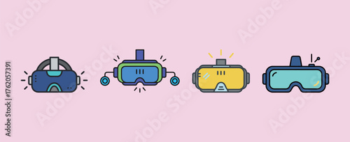 Set of Virtual Reality (VR) Headset Icons Vector Illustration. Metaverse and Digital Technology Equipment Collection.