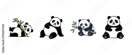 Set of cute panda bear cartoon icons in different poses with bamboo, vector illustration in flat design style.