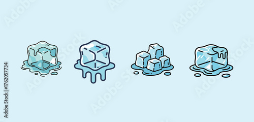 Set of melting ice cubes icons in various forms, chilling and cold fresh water symbol vector illustration.