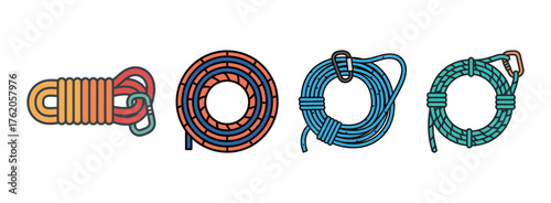 Climbing and nautical rope coils with carabiner icons set, safety and adventure equipment vector illustration.