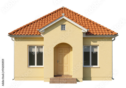 Cozy yellow house with orange tile roof isolated, single-story home with arched doorway and windows for real estate and architectural design
