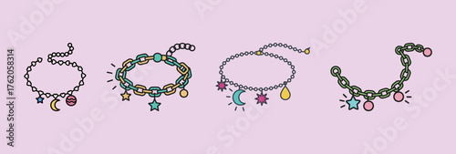 Set of charm bracelets with celestial and colorful pendants, fashion jewelry accessories vector illustration.