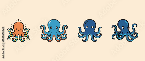 Cute octopus icons set in different styles, funny underwater sea animal vector illustration.