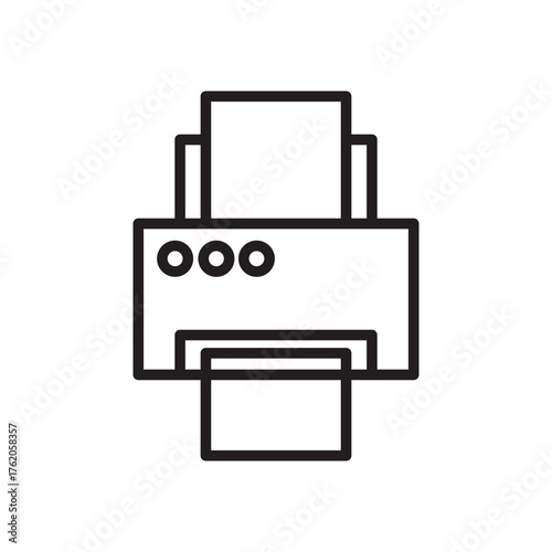 Office printer with loaded and ejected paper, document printing and copy making concept, electronic output device for business and home use, black and white line vector icon illustration.