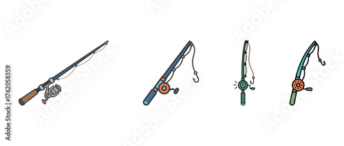 Set of fishing rod and reel icons in different designs, outdoor sport and hobby equipment vector illustration.