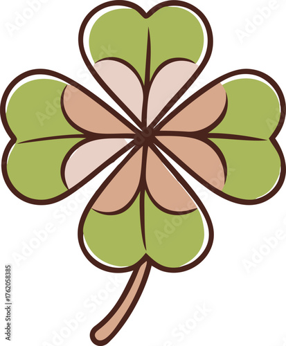 Simple cartoon four leaf clover with brown outline on white background luck good luck