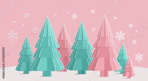 Pastel 3D paper cutout Christmas trees in pink and turquoise with delicate snowflakes on a soft pink background.