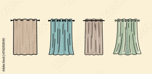 Collection of home window curtains and drapes icons in various colors, interior decoration concept.