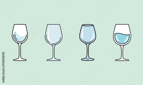 Wine glass icons set in different states, beverage and drinking culture vector illustration.