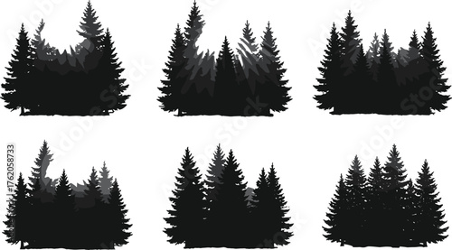 Coniferous tree silhouette, pine forest illustration, evergreen landscape design, nature vector art, fir tree cluster, forest scene, environmental graphic