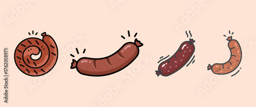Set of four delicious cartoon sausage and bratwurst icons in different shapes for barbecue and meat design