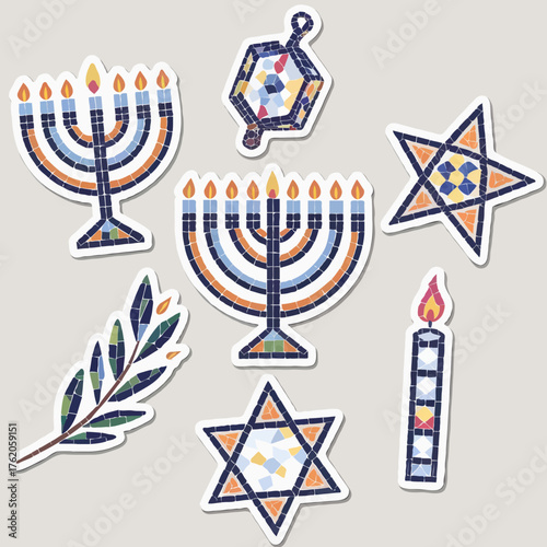 Hanukkah symbols collection with menorahs dreidel and star of david