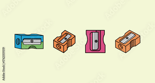 Set of four colorful cartoon pencil sharpener icons in various isometric views for school and office supplies