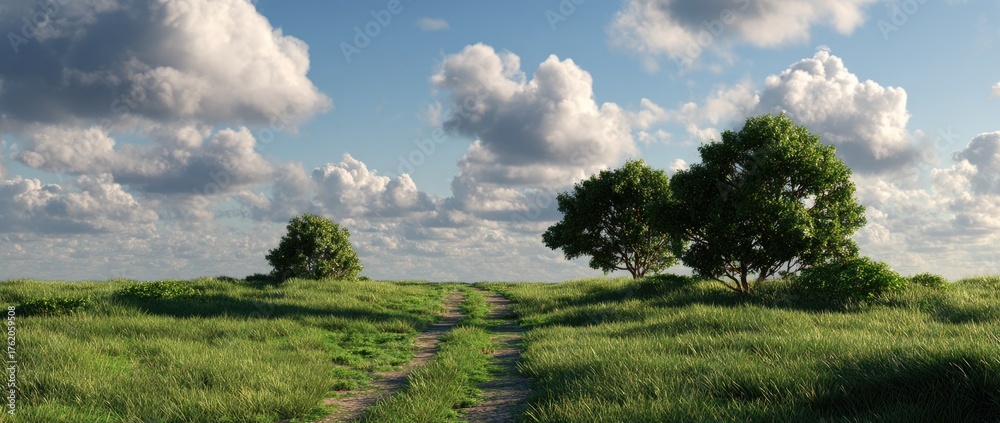 Obraz premium A rural landscape with a dirt path leading through green grass towards trees under a cloudy blue sky