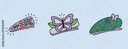 Set of three colorful cartoon hair clip and barrette icons with butterfly and floral decorations