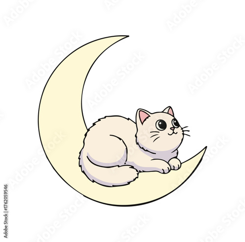 Cute cat sitting on the moon, dreamy whimsical t-shirt vector design, minimalist pastel illustration