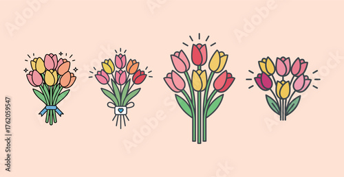 Tulip Flower Bouquet Vector Collection: Brightly Colored Floral Arrangements in Cartoon Outline Style