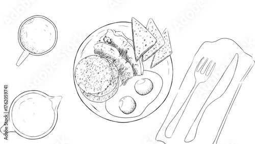 Illustration Sketch of American breakfast set Hand drawn Style