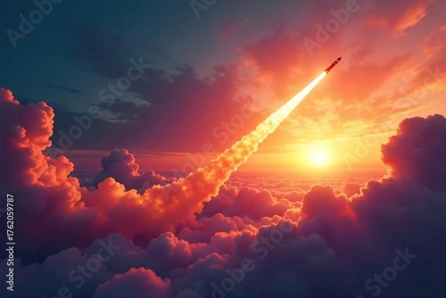 Rocket Launch at Sunset Fiery Trail Across Vibrant Sky - Dramatic Space Exploration Image