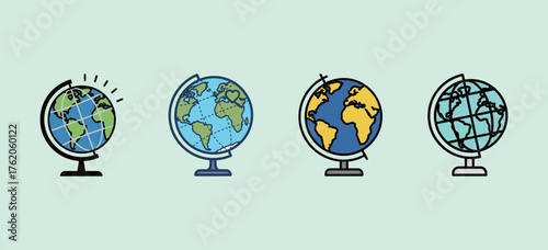 Globe World Map Vector Set: Four Different Cartoon Earth Globe Icons in Flat Outline Style