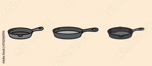 Cast Iron Skillet and Frying Pan Vector Set: Three Cartoon Cookware Icons in Flat Outline Style