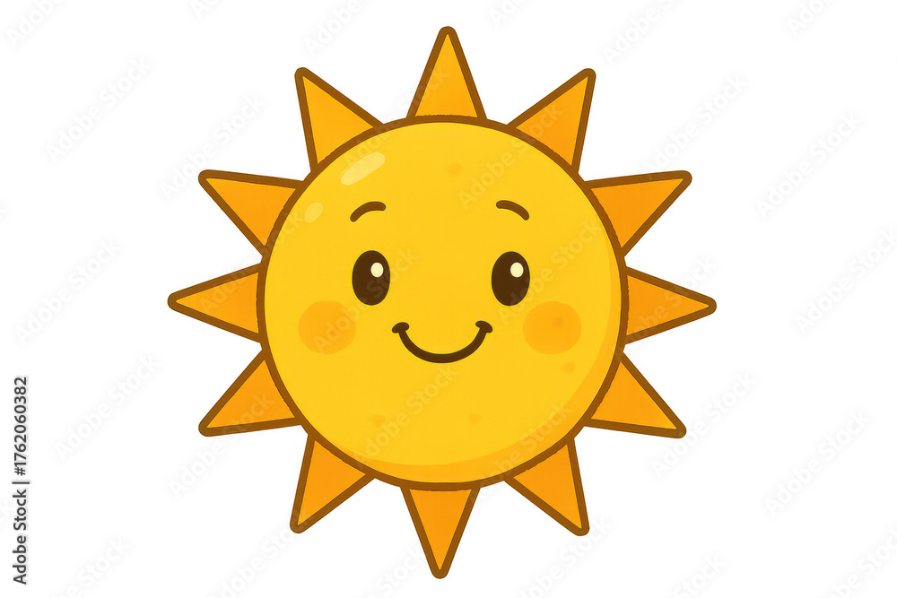 Fototapeta premium Happy smiling sun cartoon character representing summer, warmth, and good weather, transparent background