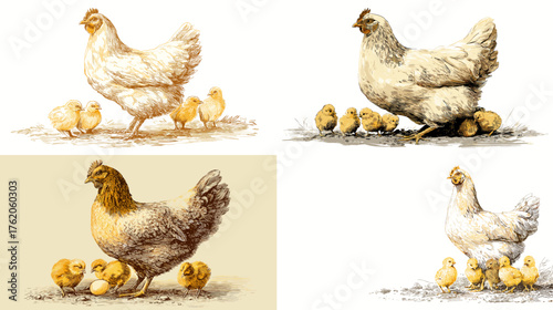 Realistic watercolor illustration of hens with baby chicks in farmyard setting perfect for agriculture, wildlife art, vintage animal design, and nature education.