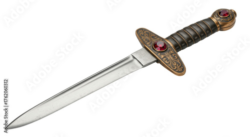 Obraz na plátně Ornate dagger with red gems isolated on white, antique weapon with decorative ha