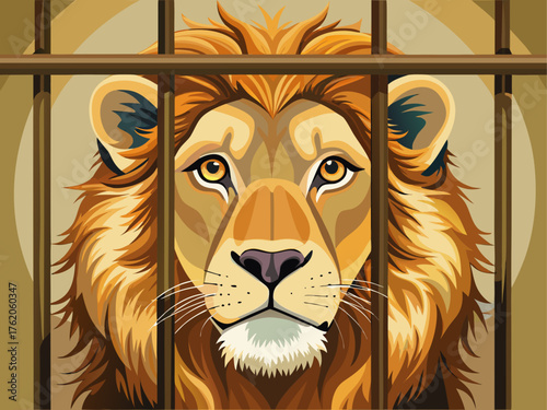 Realistic vector illustration of a lion behind metal cage bars, detailed golden mane and sharp eyes, sad expression, isolated on light beige background, wildlife zoo animal art style