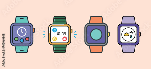 Set of four cartoon smartwatches with apps and display, modern wearable technology vector illustration.