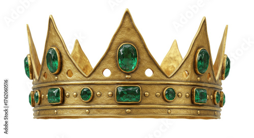 Photos Ornate golden crown with green emeralds isolated on transparent background, roya