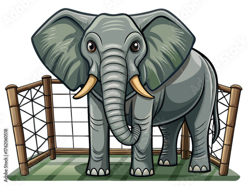 Realistic vector illustration of elephant standing behind zoo fence, textured gray skin, large ears, isolated on white background, wildlife conservation concept