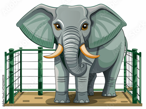 Realistic vector illustration of elephant standing behind zoo fence, textured gray skin, large ears, isolated on white background, wildlife conservation concept