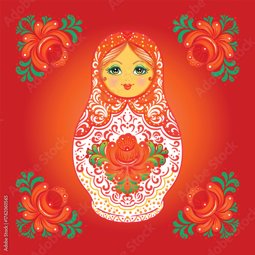 Retro Souvenir from Russia - babushka, matryoshka, red cat, samovar, bublik. Traditional Russian wooden nesting doll. Folk arts and crafts. Vector illustration in cartoon style isolated.