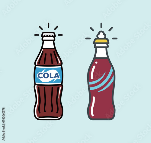 Set of two cartoon bottles of cola soda with caps, fizzy beverage drink vector illustration.