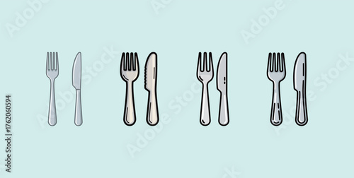 Set of four pairs of cartoon metal forks and knives, cutlery table setting vector illustration.